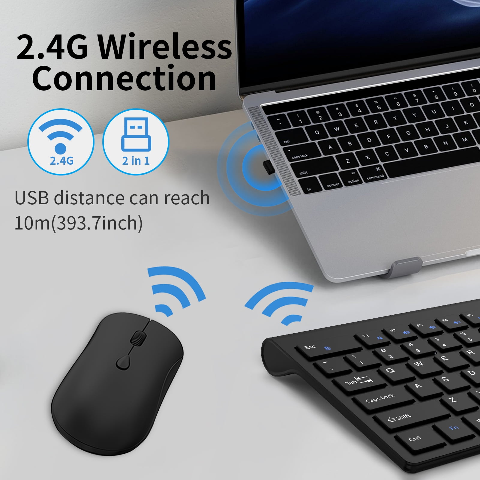 Wireless Keyboard and Mouse Combo, Silent Full-Size Computer Keyboard with Calculator Button, 2400 DPI Mice, Quiet Click, Slim Cordless USB Set for Laptop PC Windows Mac - Black
