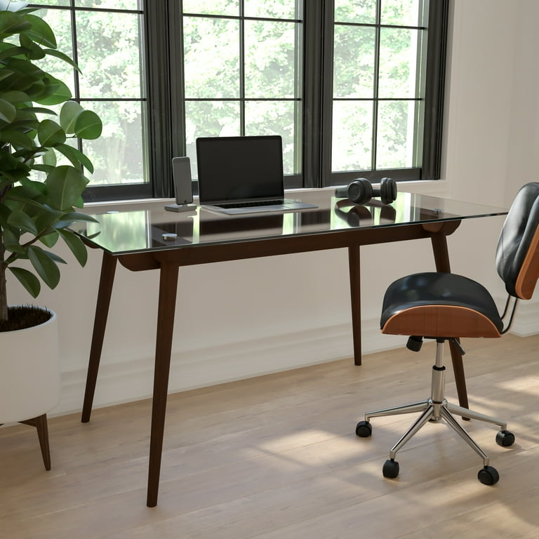 55 Modern Black Rectangular Home Office Desk with Pine Wood Table Top & Gold Frame