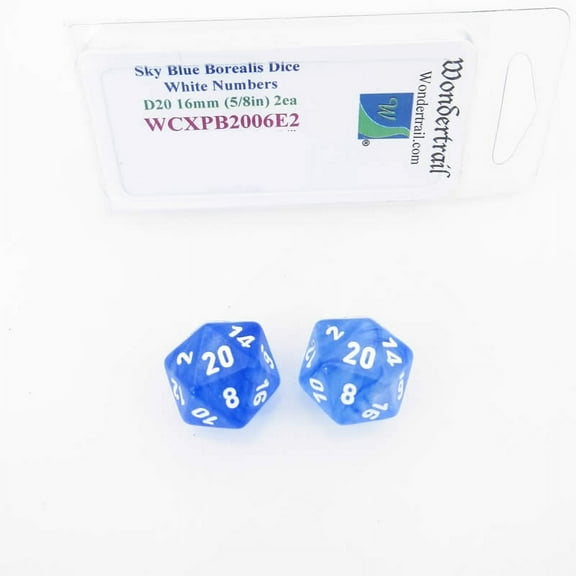 Sky Blue Borealis Dice with White Numbers D20 Aprox 16mm (5/8in) Pack of 2 Wondertrail