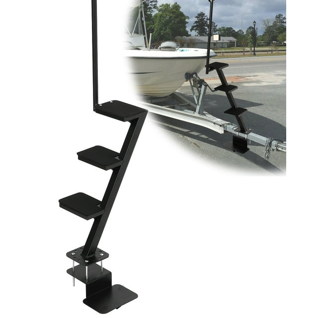 Yiwa Heavy Duty Boat Trailer Tongue Steps, Universal Ladder with Handrail, Non-Slip Safety Access Step and Adjustable Bracket, Fits Bass Boats and Pontoon Trailers, 400 LB Capacity