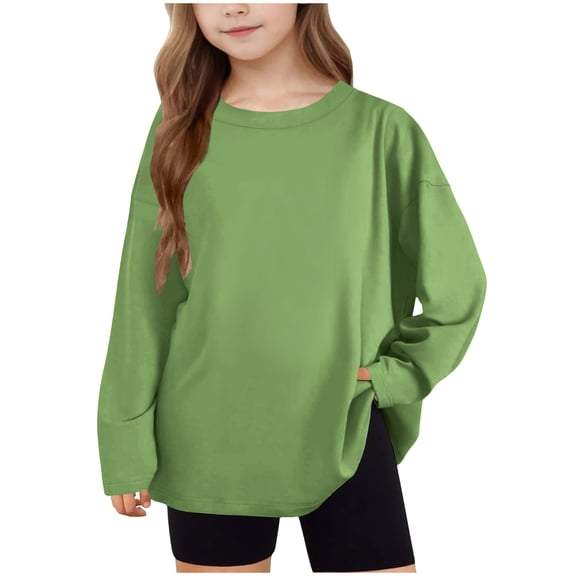 yillto Girls Long Sleeve Shirts Solid Color Baggy Tees Round Neck Casual Loose Tshirts for Girl 5-15 Years