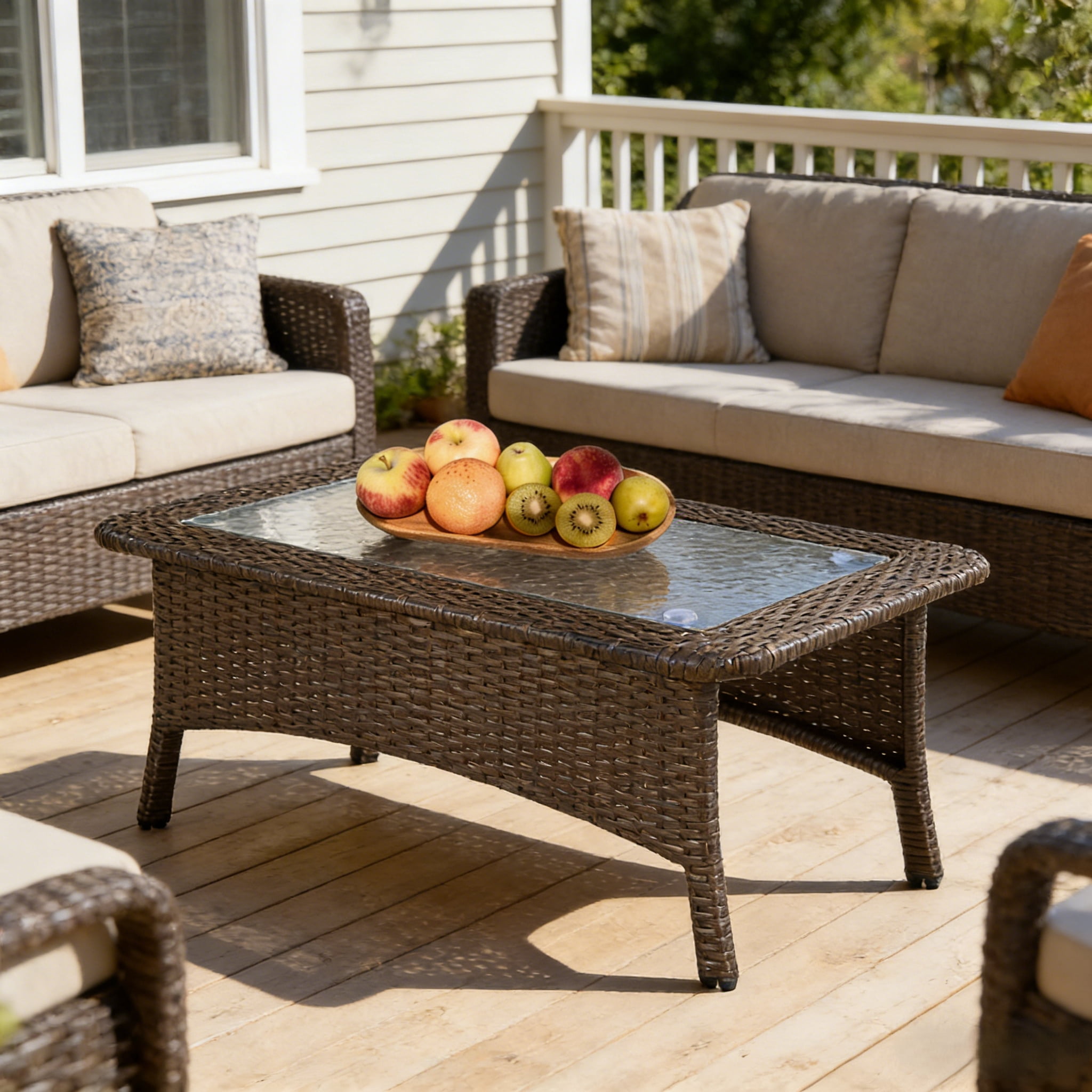 Fnova Outdoor Wicker Rectangular Coffee Table, PE Rattan Patio Table with Tempered Glass Top, Large Outdoor Furniture for Patio Backyard Garden