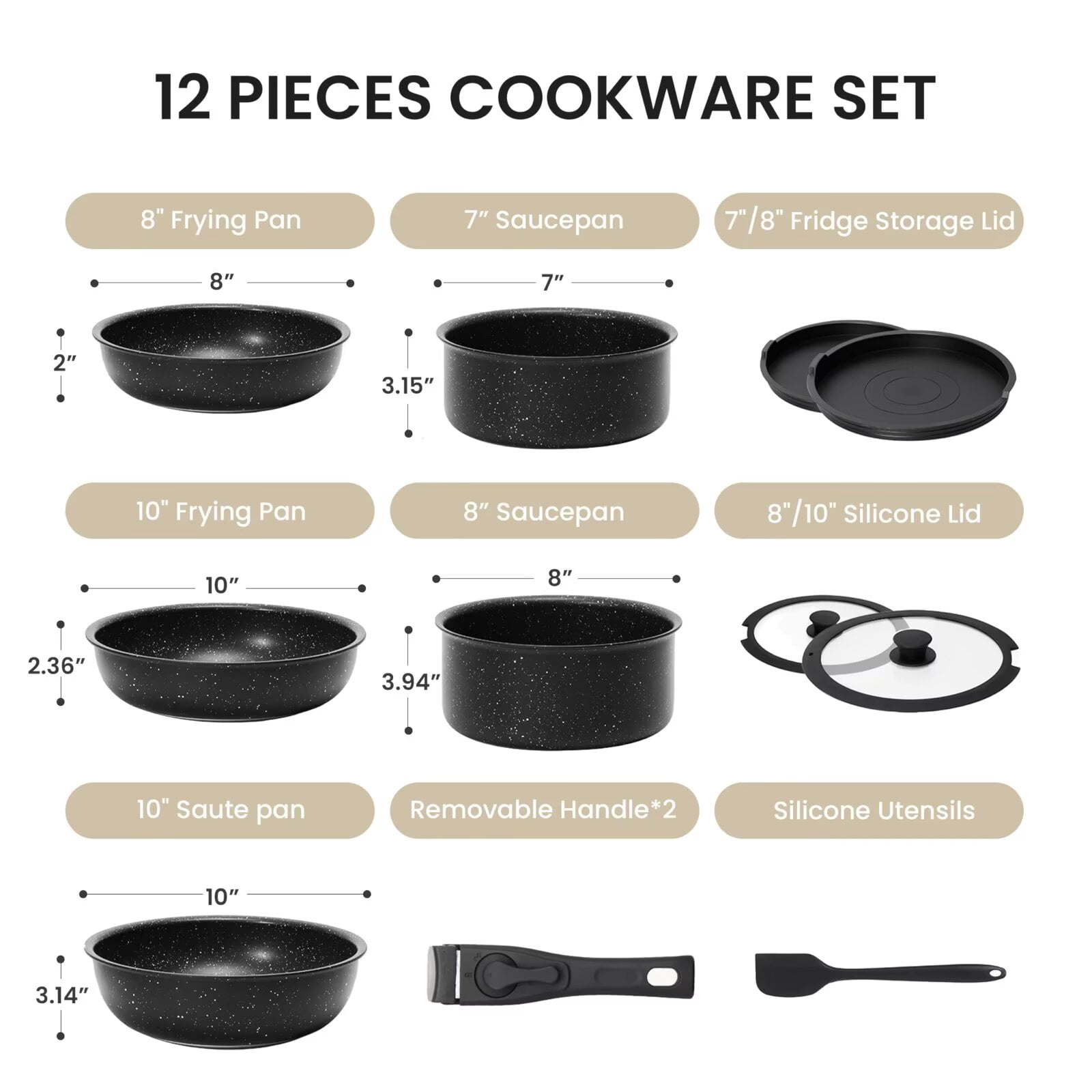 Simple Deluxe 12Pcs Pots and Pans Set, Nonstick Cookware Sets, Black Granite Induction Cookware with Detachable Handle, Black