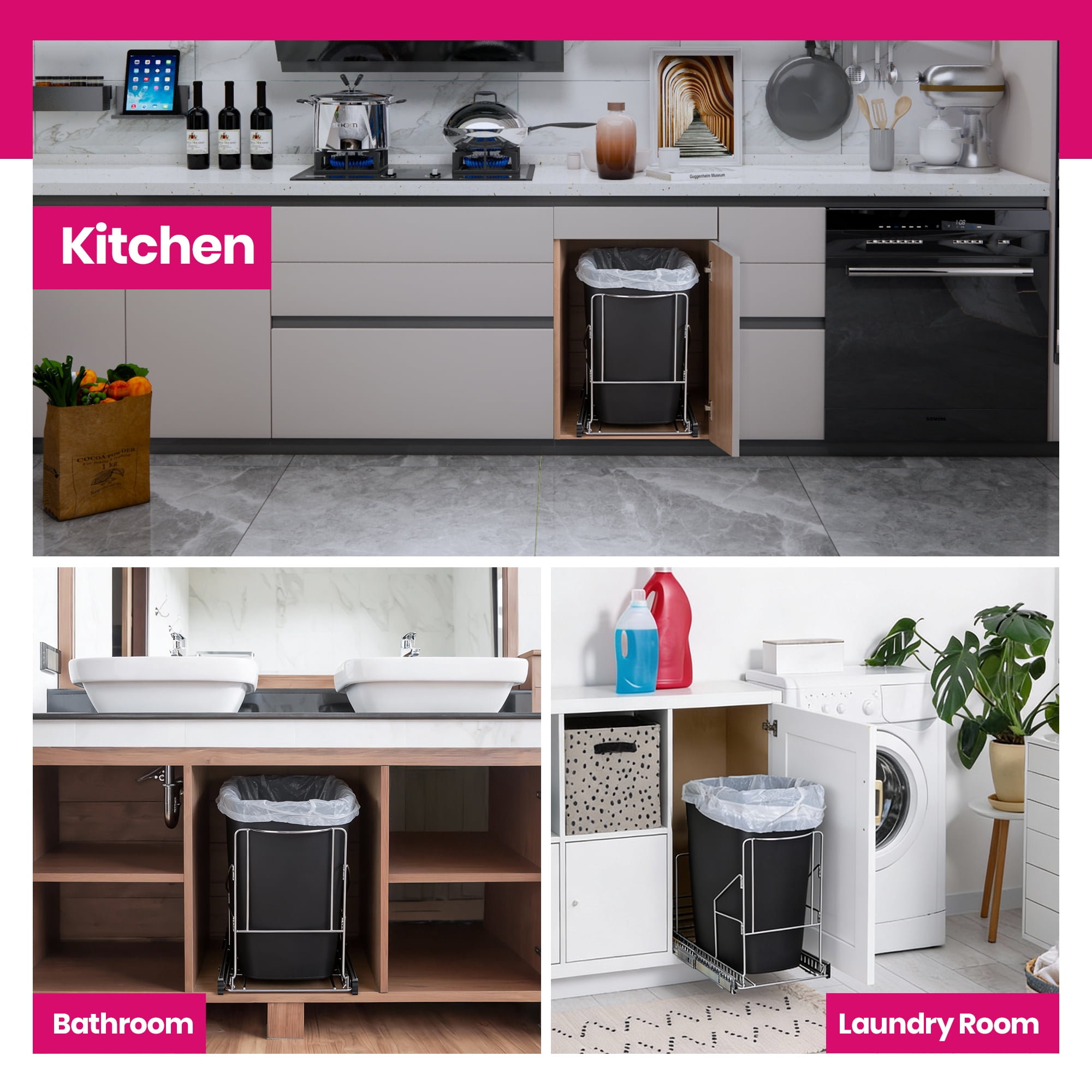 Pull Out Trash Can Under Cabinet - Adjustable, Heavy Duty, Anti Rust Chrome Finish -  Trash Can Not Included - Dedicated Space for Disposable Trash Bags, Requires a 11” Cabinet Opening,