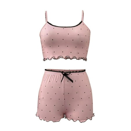 

KDDYLITQ Women Lace Loungewear 2 Piece PJ Sets Nightwear Soft Cami Top and Shorts Pajama Set Sleepwear Pink M