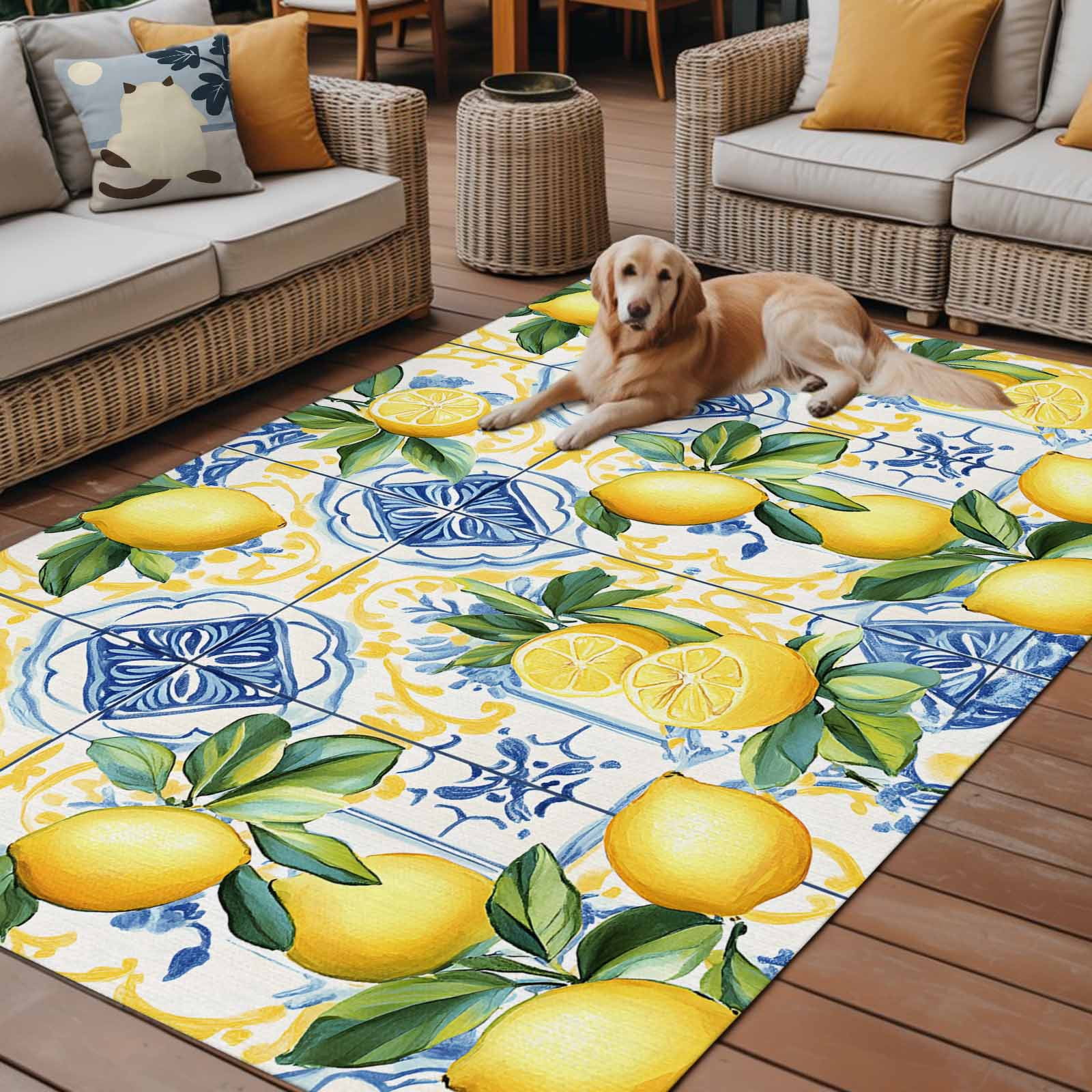 Fsddascl Botanical Lemon Outdoor Rug for Patio/Deck/Porch, Non-Slip Large Area Rug 4 x 6 Ft, Spring Countryside Floral Blue Tile Indoor Outdoor Rugs Washable Area Rugs, Reversible Camping Rug Carpet