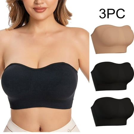 TrendVibe365 Strapless Bra Women 3 Pack Bandeau Stretchy Wirefree Push up No Show Bralette Padded Multiway Convertible Straps Adjustable Spaghetti Strap Clear Strap Corset Top Cami Comfy Underwear