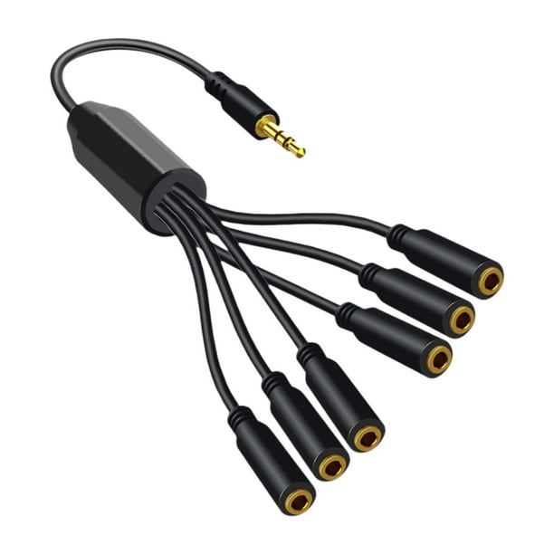 Cable de extensión de audio de 3,5 mm, color negro, distribuidor de audio, longitud de ,3 metros, estéreo AUX. 6 vías 35 mm hembra
