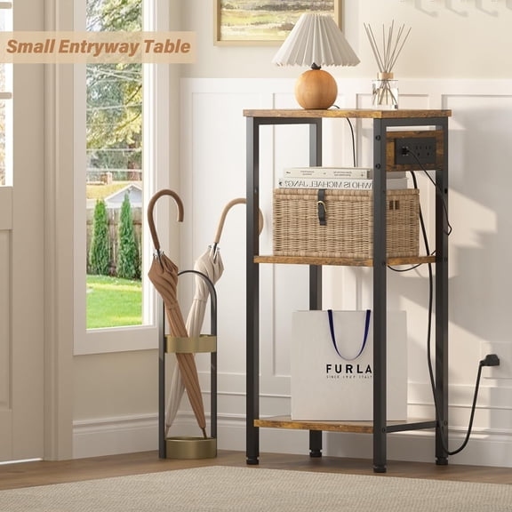 Tall End Table with Charging Station, 3 Tier Narrow Nightstand with USB Ports and Outlets for Bedroom, Living Room, Office - Rustic Brown and Black