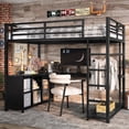 thumbnail image 3 of Twin Size Loft Bed Frame with Wardrobe and L-shaped Desk, Metal Loft Bed with Storage Cubes and Shelves for Bedroom, Apartment, Dorm, Space-Saving Design, No Box Spring Needed, Black, 3 of 8
