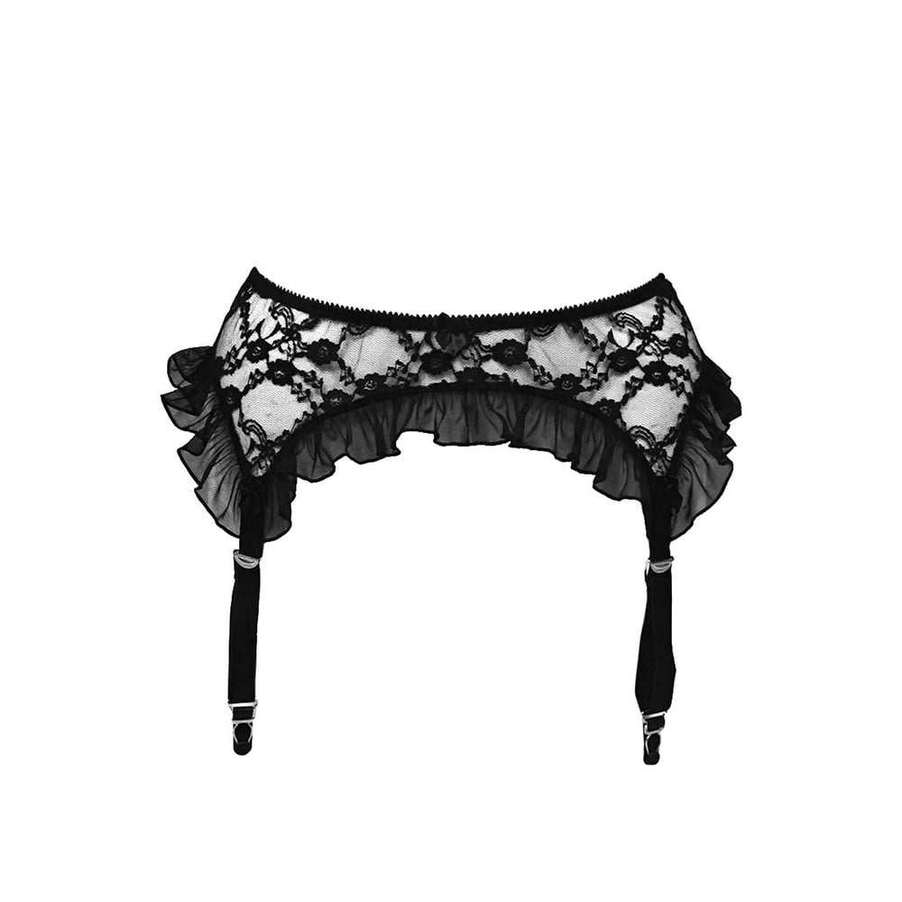 Angelique Womens Plus Size Black Floral Lace Ruffle Garter Belt