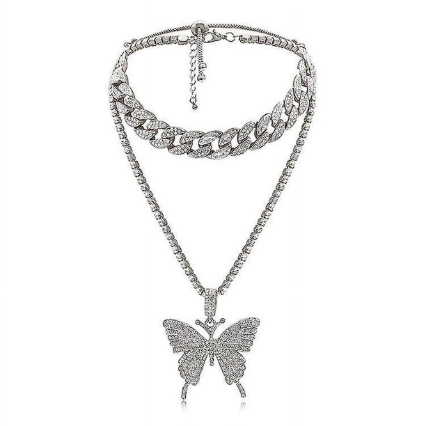 Conjunto de collar de eslabones cubanos de mariposa: cadena de collar de hip hop para mujer con diamantes de imitación brillantes, accesorio de moda para amantes del hip hop