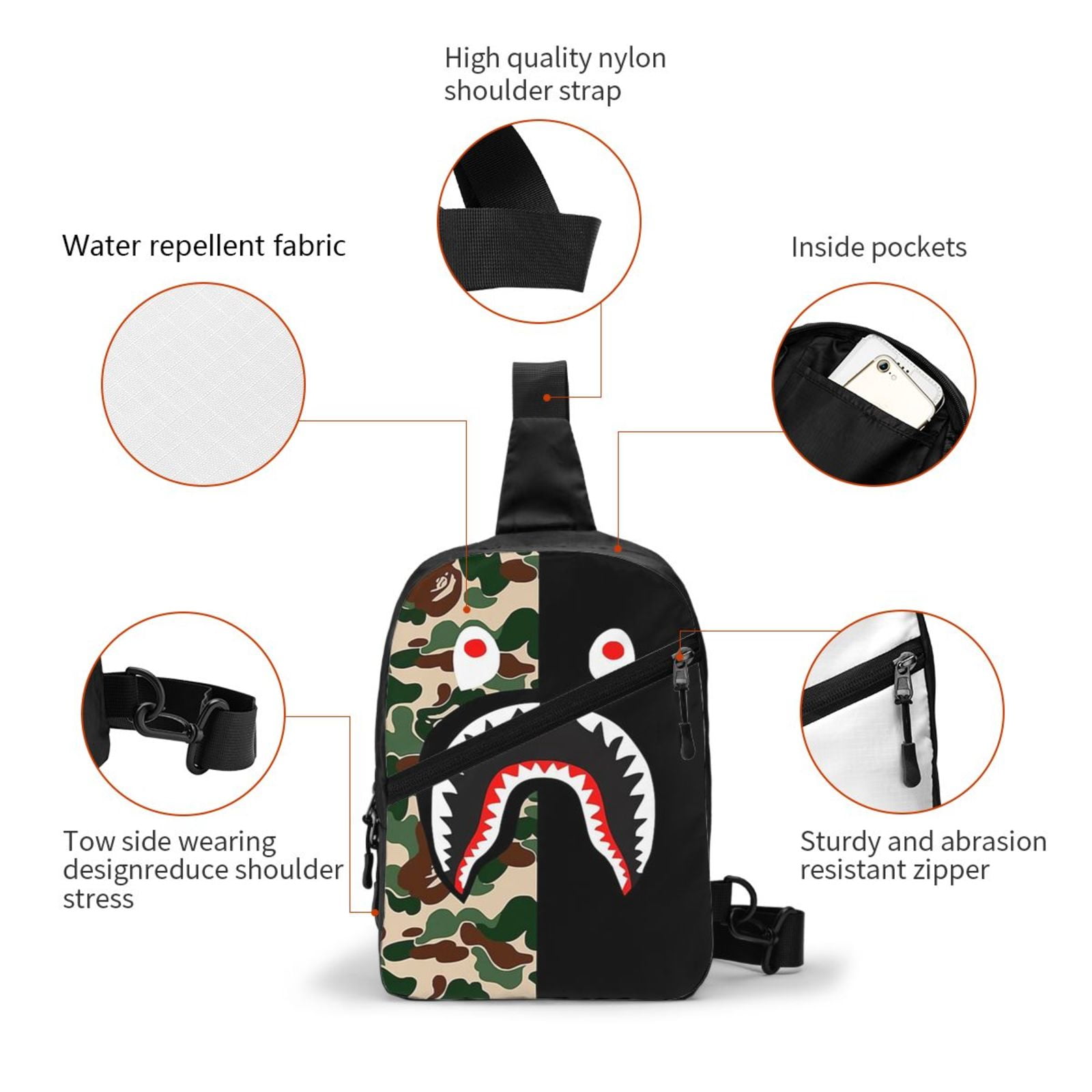 Bape Camo Shark Sling Crossbody Backpack Shoulder Bag Chest Bag Daypack Sling Bags Walmart