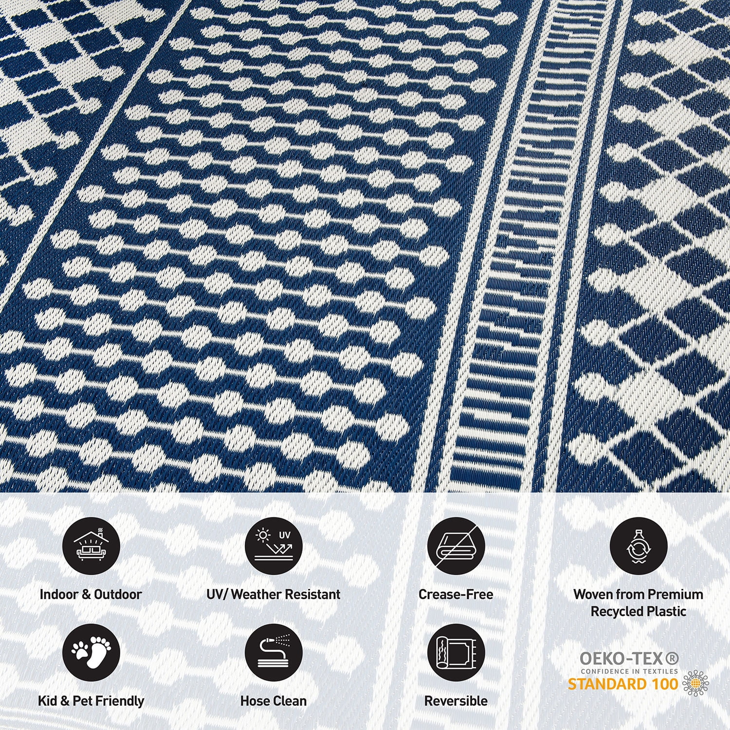 World Rug Gallery Contemporary Bohemian Geometric Reversible Recycled Plastic Outdoor Picnic Mat, Camping Rug, RV Rug - NAVY 5'x7'