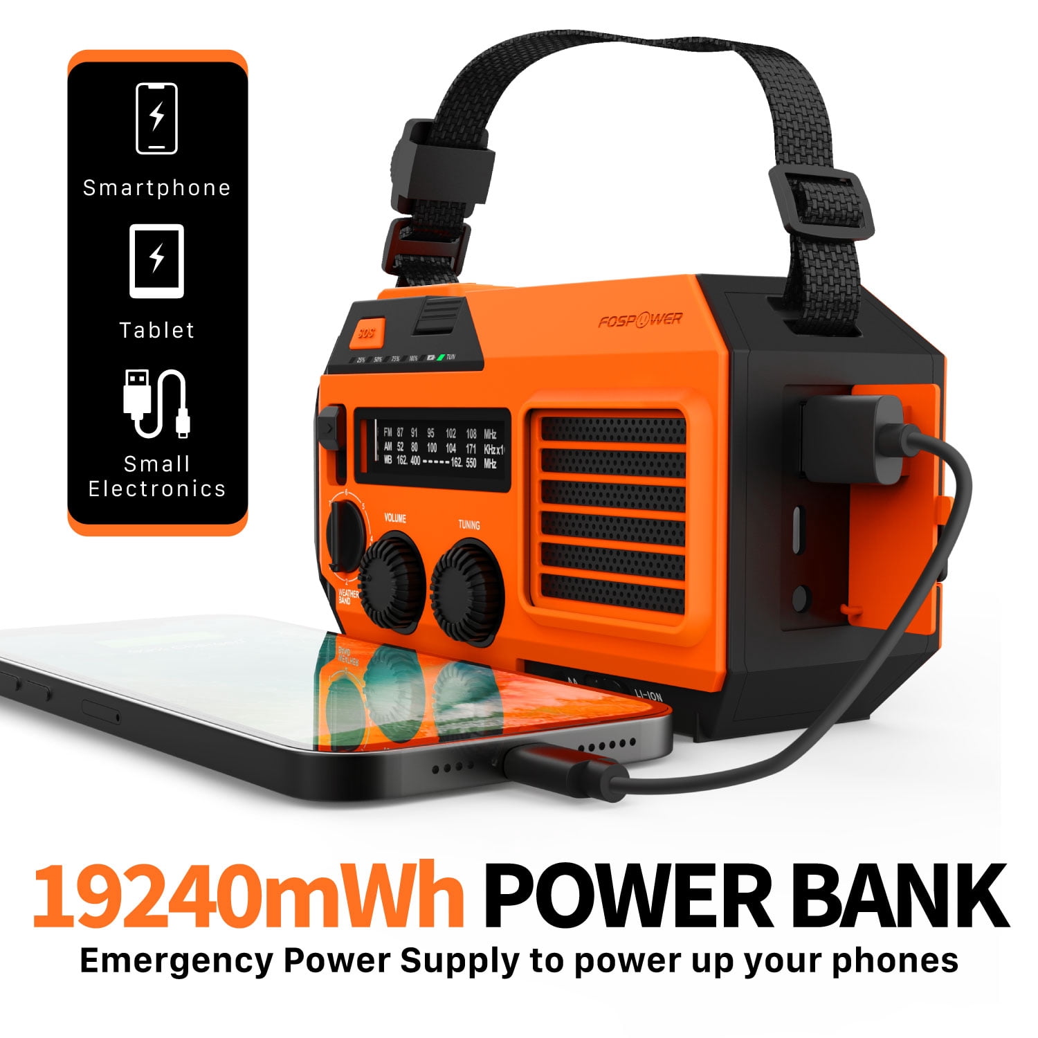 FosPower 5200mAh Solar Powered Emergency Weather Radio A6 with Hand Crank & LED Flashlight, Orange