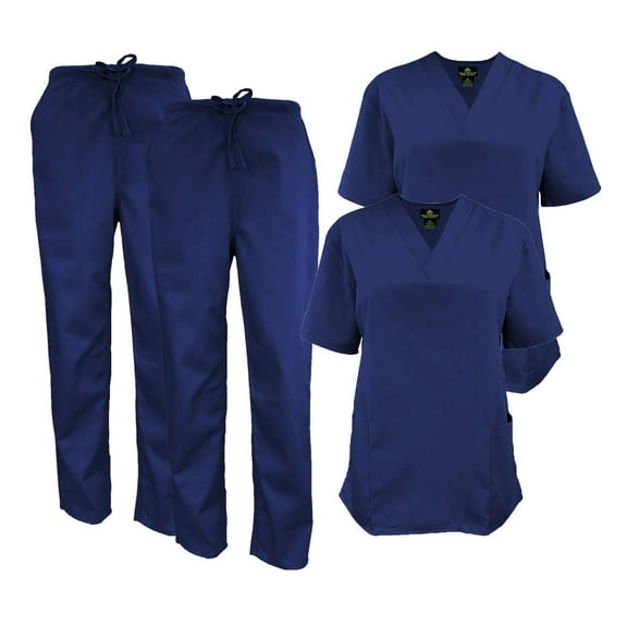 M&M SCRUBS Women Scrub Set V-Neck Medical Scrub Tops and Drawstring Pants - Pack of 2 Set (True Navy Blue, 4X-Large)