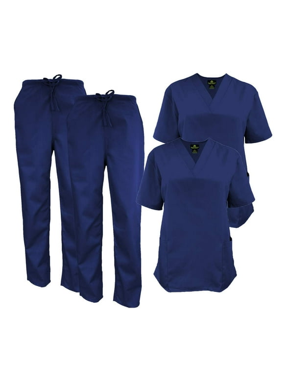 M&M SCRUBS Women Scrub Set V-Neck Medical Scrub Tops and Drawstring Pants - Pack of 2 Set (True Navy Blue, 5X-Large)
