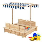 CIPACHO Wood Sandbox with Cover and 2 Built-in Bench Seats for Aged 3-8 Years Old, Sand Boxes for Backyard Garden, Sand Pit for Beach Patio Outdoor, Blue