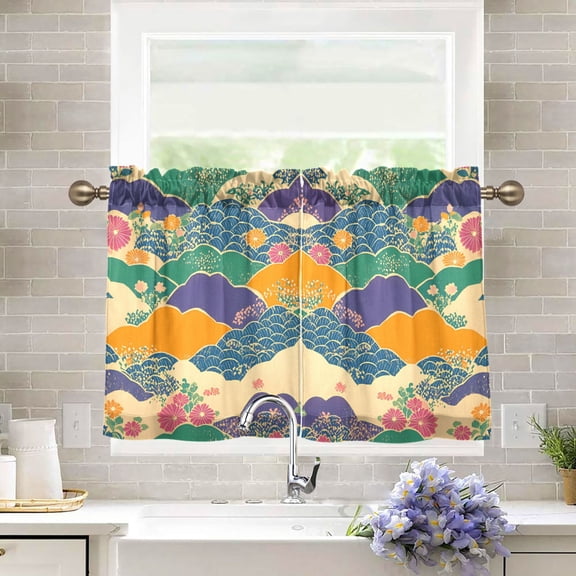 Yayeee Kitchen Curtains Tier Pair Light Filtering 27"x36" Rod Pocket Short Cafe Window Panel, Beige Floral Wave