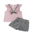 thumbnail image 1 of AMERTEER Baby Girl Ruffle Bow T-Shirt Tops Plaid Shorts Pants 2pcs Outfit Set, 1 of 6