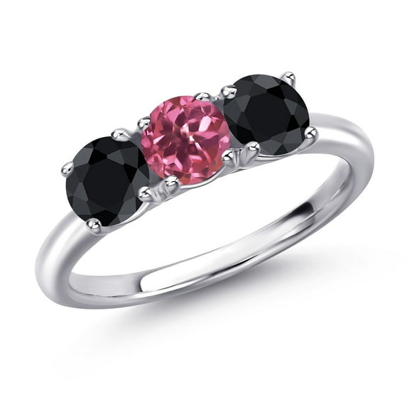 Gem Stone King 925 Sterling Silver Pink Tourmaline and Black Sapphire Engagement Ring for Women | 1.90 Cttw | Round 5MM | Gemstone October Birthstone | Size 9