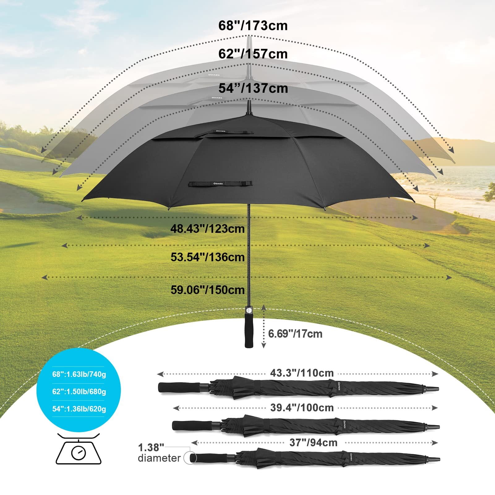 Gonex 68 Inch Automatic Open Golf Umbrella, Extra Large Vented Stick Umbrellas with Windproof Double Canopy