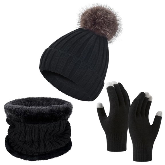 UJNDER Womens Winter Hat Scarf Glove Set Lined Knit Warm Long Scarf 3 PC Set for Cold Weather Accessory BK3
