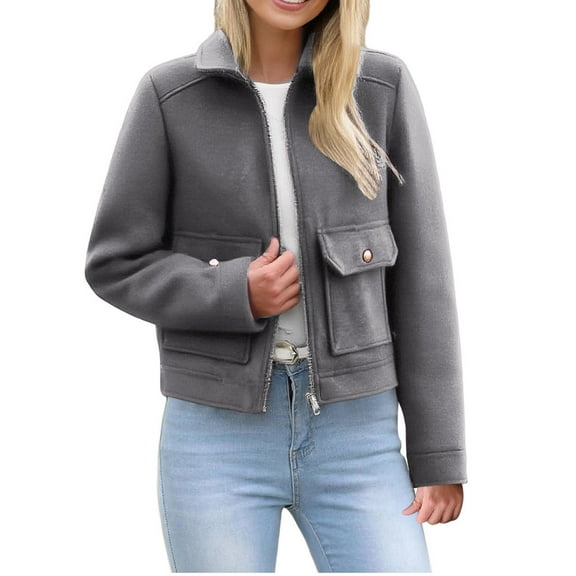 Gpaecead Faux Suede Cropped Jacket Women's Casual Fashion Button Loose Long Sleeve Lapel Jacket Gray