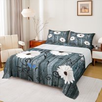 Manfei Rustic Flower Daisy Queen Sheet Sets,Countryside Farmhouse Lodge Flat Sheet,Blue White Queen Fitted Sheet For Girls Kids,Microfiber Bedroom Decor,4-Piece