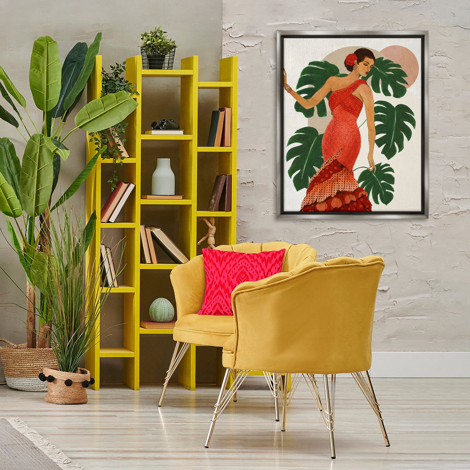 Stupell Industries Fashionable Woman with Leaves People Painting Gray Floater Framed Canvas Art Print Wall Art, 25 x 31