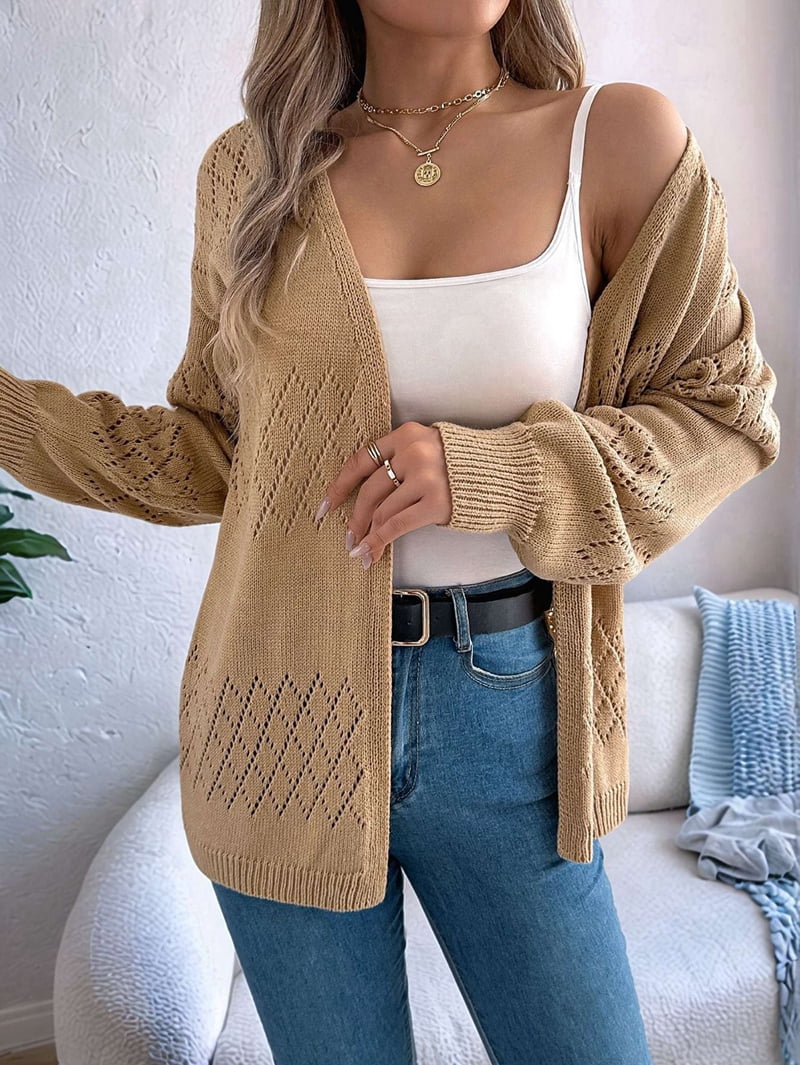 Womens Summer Crochet Cardigan Long Sleeve Light-Weight Casual Knit Sweaters Khaki M