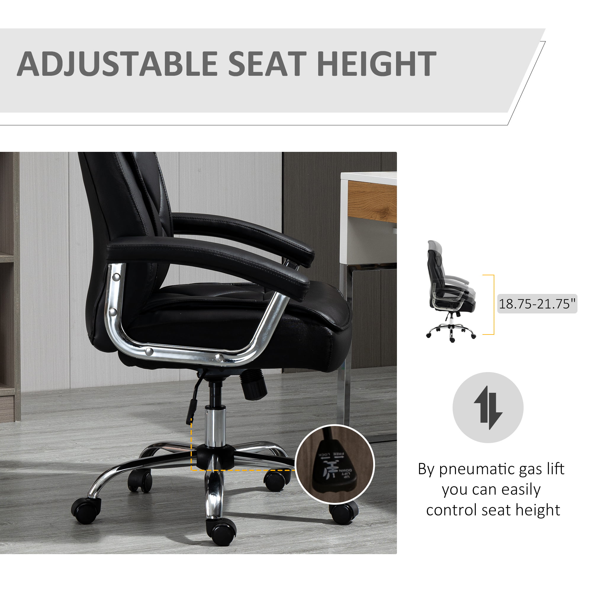 Cushioned Computer Desk Office Chair Chrome Lift Swivel Adjustable PU Black 