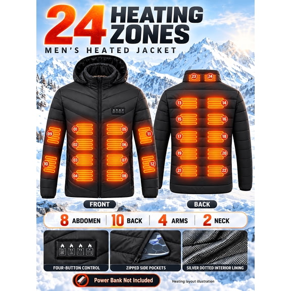 Men's 24-Zone Heated Jacket, Detachable Hood 4-Button Control Thermal Coat, Lightweight Quilted Winter Outerwear (Power Bank Not Included)