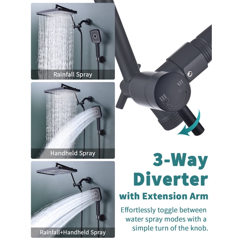 All Metal 3-Way Shower Diverter With Low Handheld Holder - 4 Settings Chrome Diverter Valve