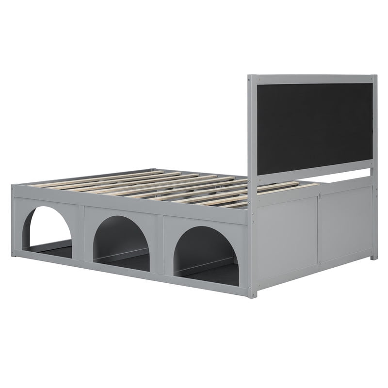 Queen Size Pet-Friendly Platform Bed with Under-Bed Pet Nooks, Heavy Duty Wooden Storage Bed Frame with Padded Headboard