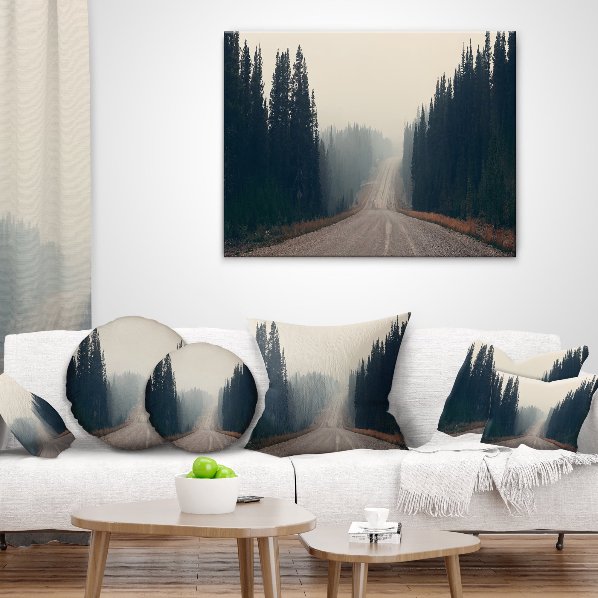 Designart Foggy Road in Forest in Banff Park - Modern Seascape Throw Pillow - 18x18
