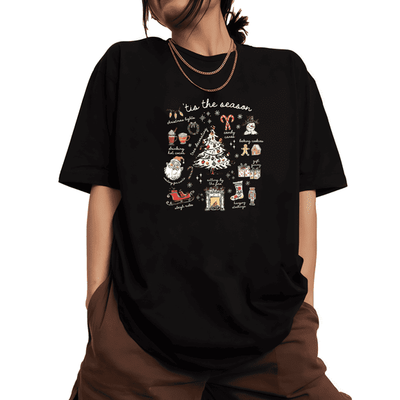 Women's Black Christmas Tis The Season Graphic Tees Print Tshirt Shirts Festive Holiday Seasonal Winter Party Casual Daily Wear Tops S-5XL