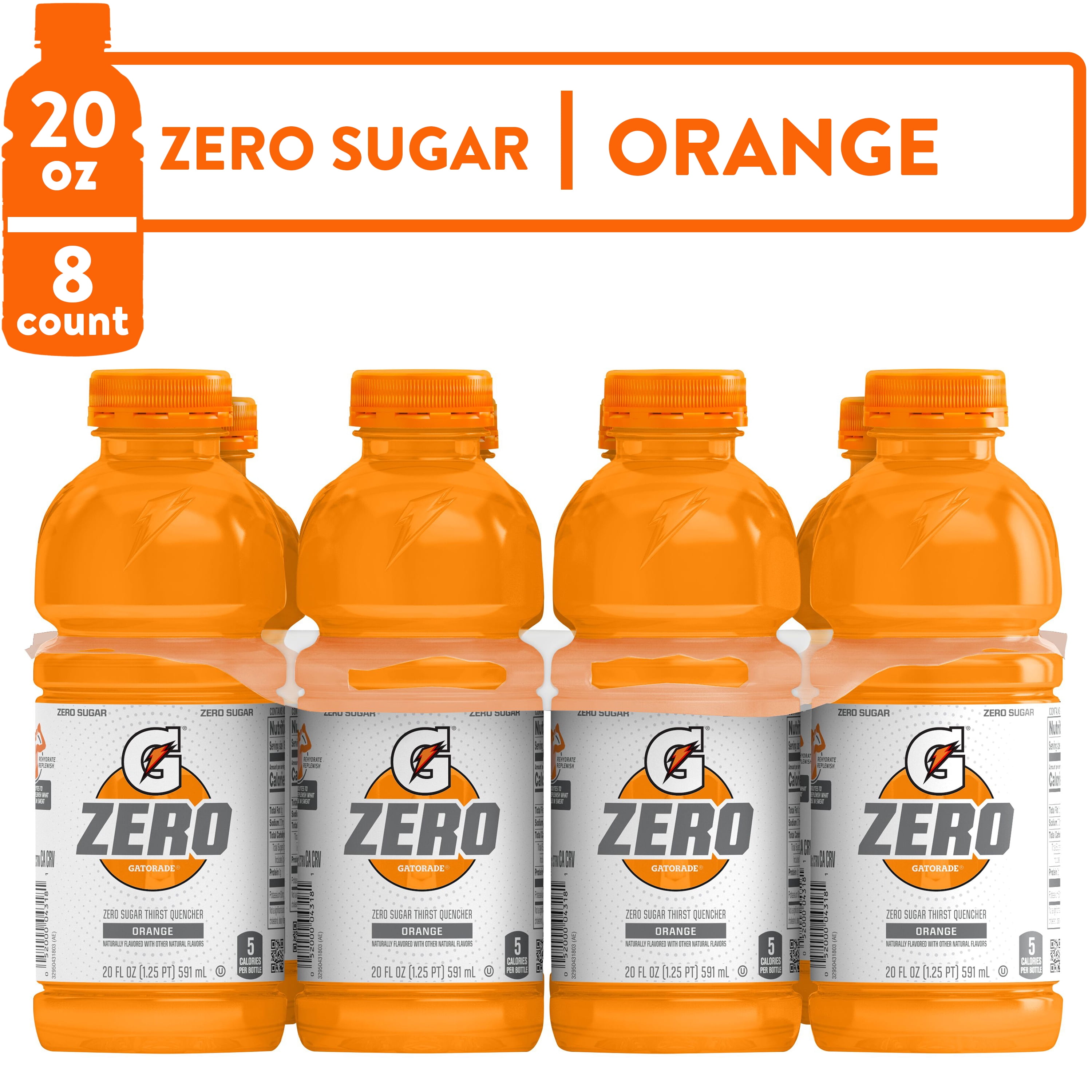 Gatorade G Zero Thirst Quencher, Orange, 20 fl oz, 8 Pack Bottles