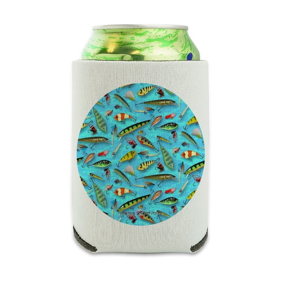 Fishing Flies Lures Fish Pattern Can Cooler - Drink Sleeve Hugger Collapsible Insulator - Beverage Insulated Holder