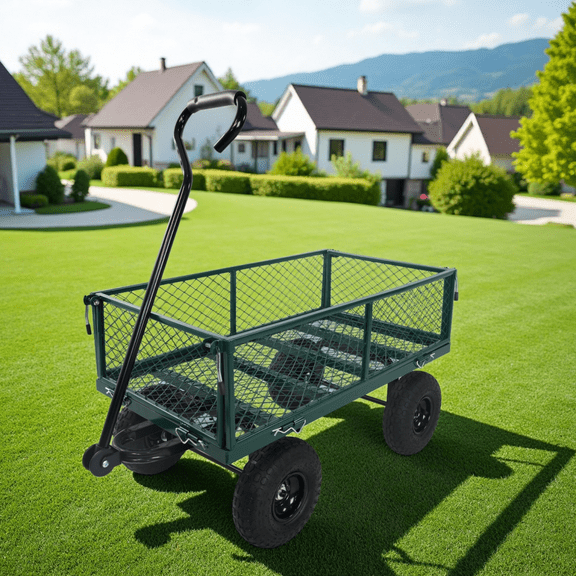 Heavy Duty Steel Garden Cart Make It Easier to Transport Firewood,Bears 550 lbs,with 180 Degree Steering Range Handle Control and 10 Inches Pneum,for Outdoor,Garden and Beach,Green