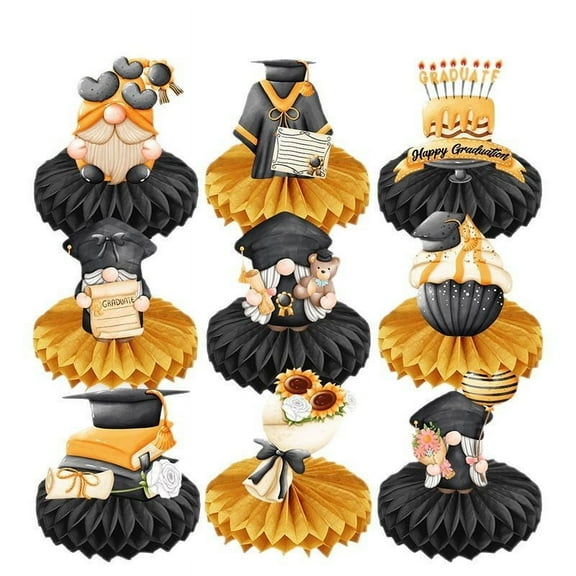 Graduation Party Decorations Set 9-Piece Honeycomb Centerpieces, Black and Gold Theme, Perfect for Celebrations