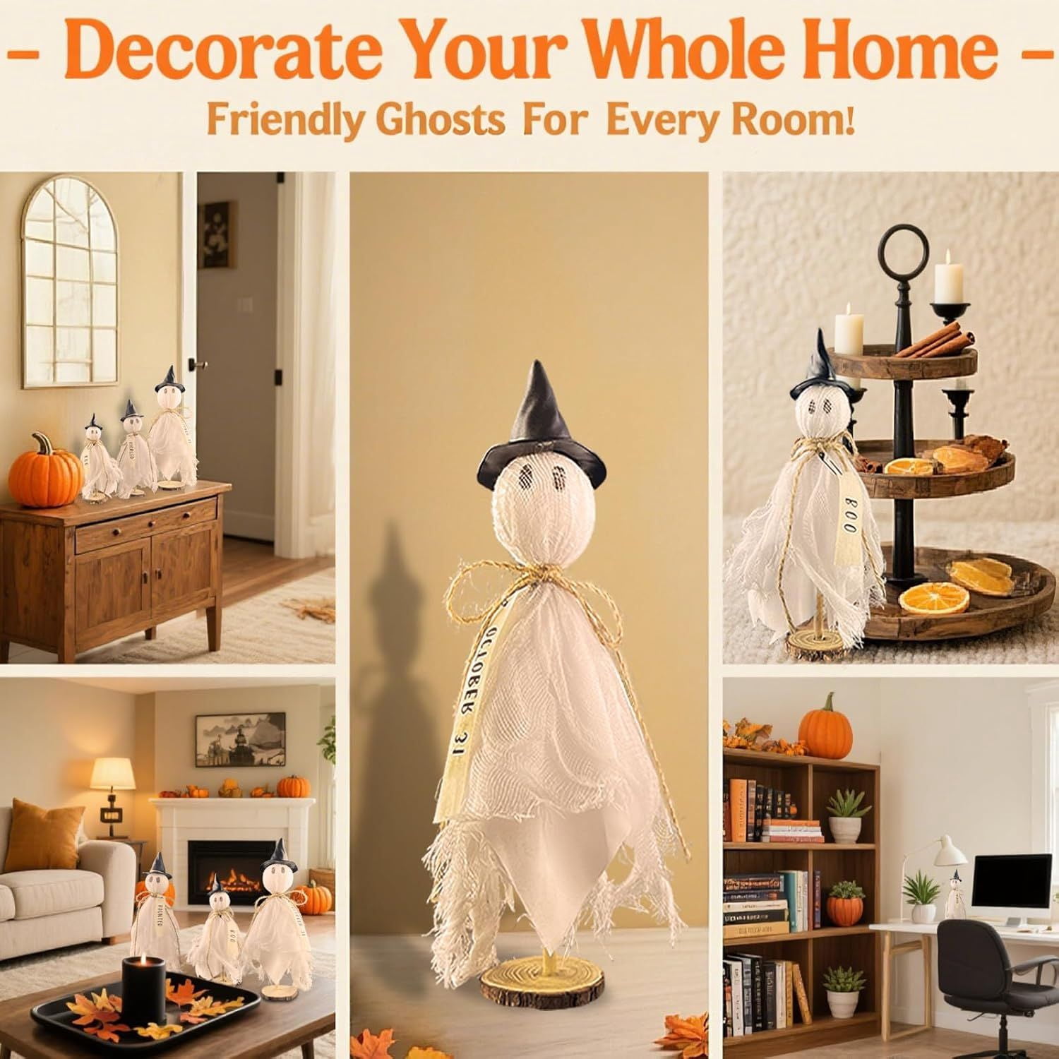 Primitive Halloween Ghost Set with Wizard Hats on Wooden Stands for Rustic Home Decor