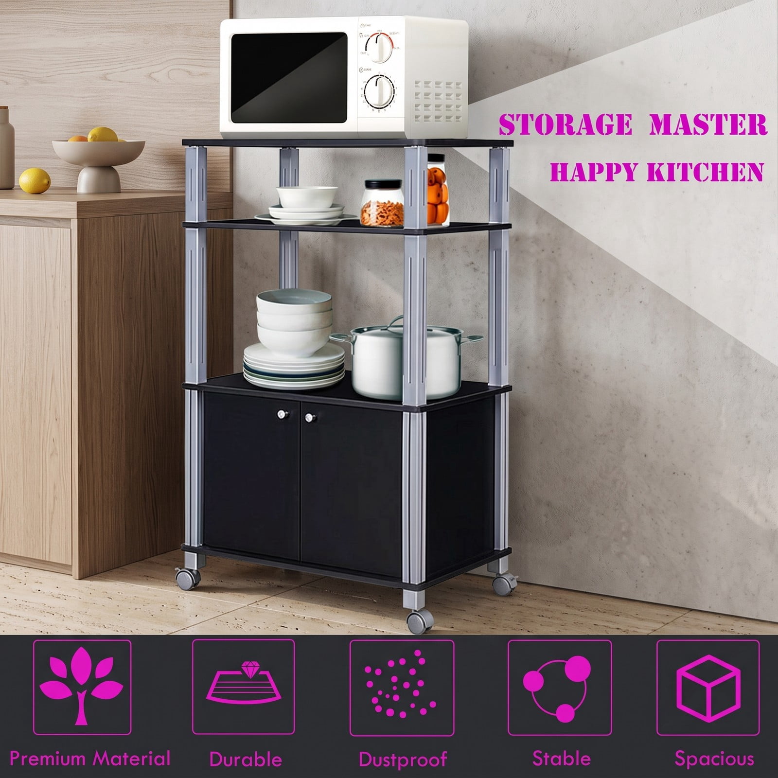 RUIE 3-Tier Microwave Stand with 2-Door Cabinet, Rolling Kitchen Storage Cart for Dining Room, Black
