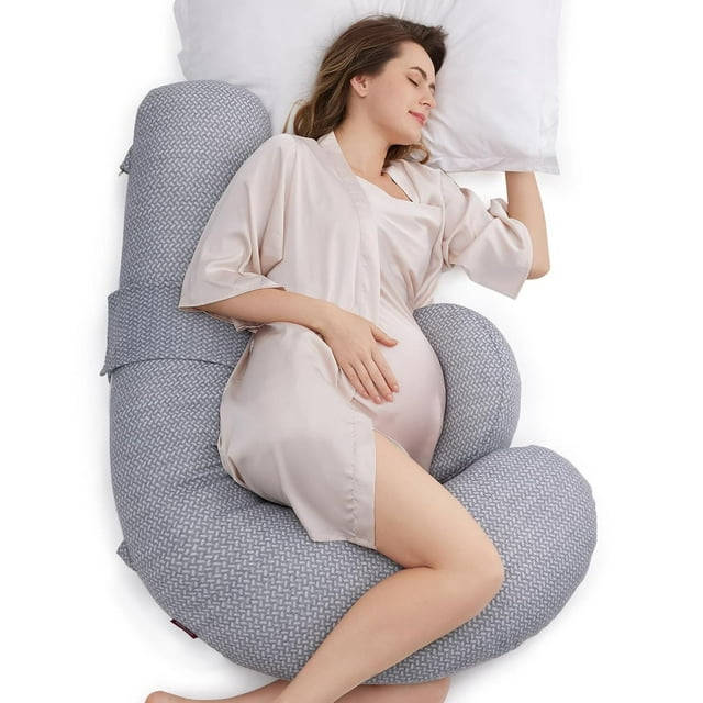 Momcozy Almohadas de Embarazo Originales en Forma de F, Almohada para Dormir de Maternidad, con Funda de Aire, Gris
