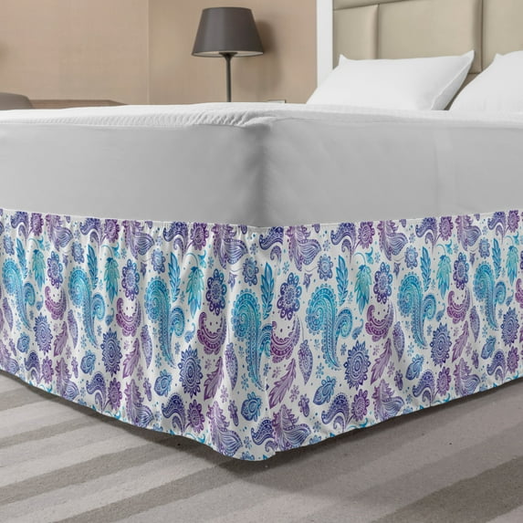 Vintage Bed Skirt, Abstract Flowers and Leaves Ornaments in Watercolor Paint on Plain Background, Elastic Bedskirt Dust Ruffle Wrap Around for Bedding Decor, 4 Sizes, Blue and Violet, by Ambesonne