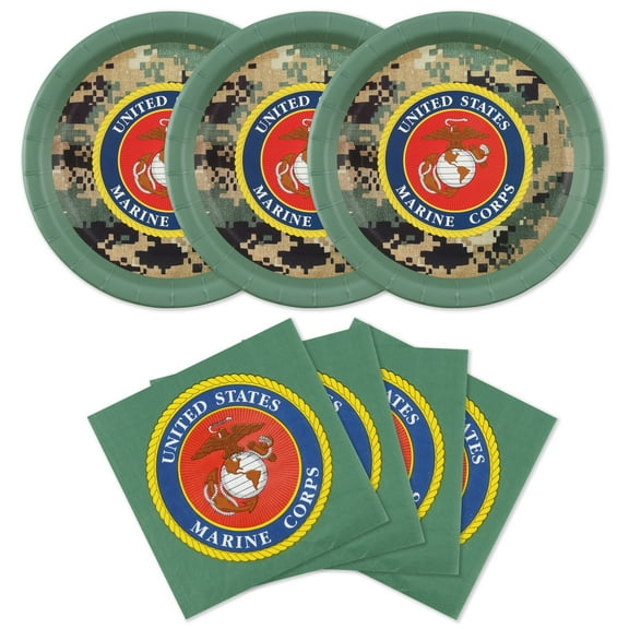 U.S. Marines Party for 32 Guests! Includes 32 ea. 10” Plates, Luncheon Napkins & Lg. Cups with the Licensed U.S. Marines Camo & Coat of Arms. Retirement, Birthday or Official Events. by Havercamp