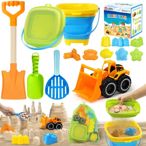 Beach Sand Toys DISHIO para niños con cubo y bolsa plegables