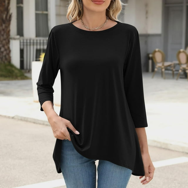 Babysbule T-Shirt Décontracté à Manches 3/4 pour Femmes, Col Rond, Blouse Ample, Douce et Confortable, Mode pour la Maison et le Quotidien