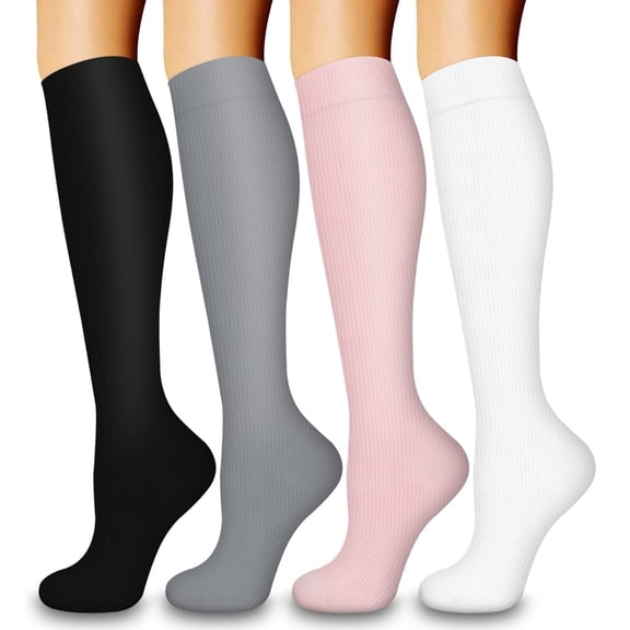 4 Pairs Medical Sport Compression Socks for Women & Men - 15-20mmhg Graduated Knee-High Support Recovery Socks for Nurses, Medical, Running, Cycling, Athletic