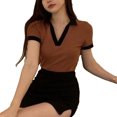 thumbnail image 2 of Camisa de manga corta para mujer, cuello vuelto, cuello en V, cómoda, transpirable, camisa de verano para mujer, Top para fiesta diaria, marrón, M, 2 of 13